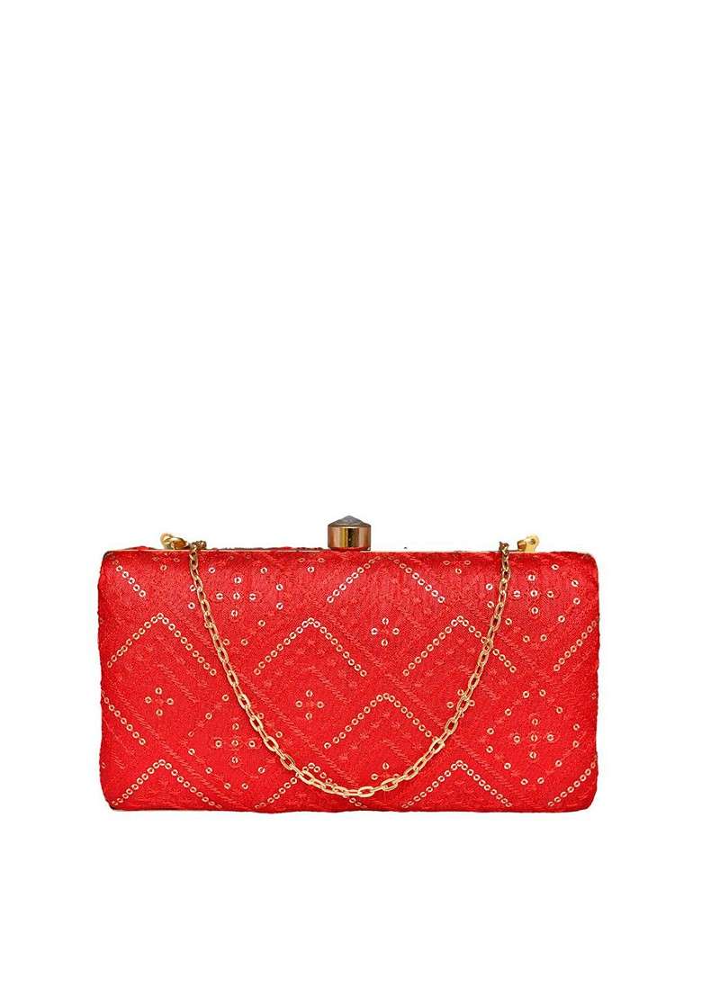 Red Satin Embroidered Box Clutch - Indya
