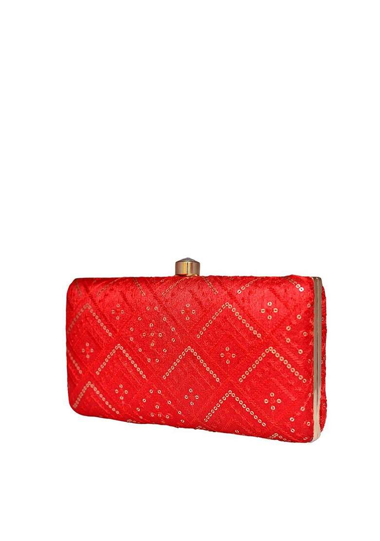 Red Satin Embroidered Box Clutch - Indya