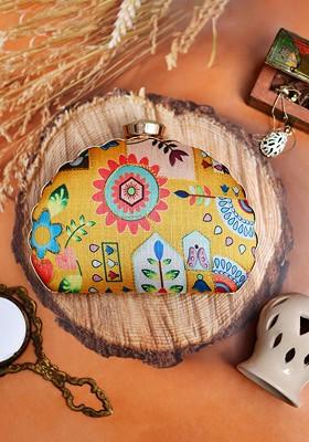 Yellow Satin Embroidered Box Clutch