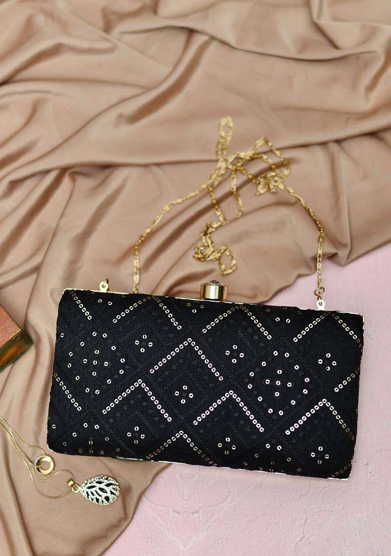 Black Satin Embroidered Box Clutch - Indya