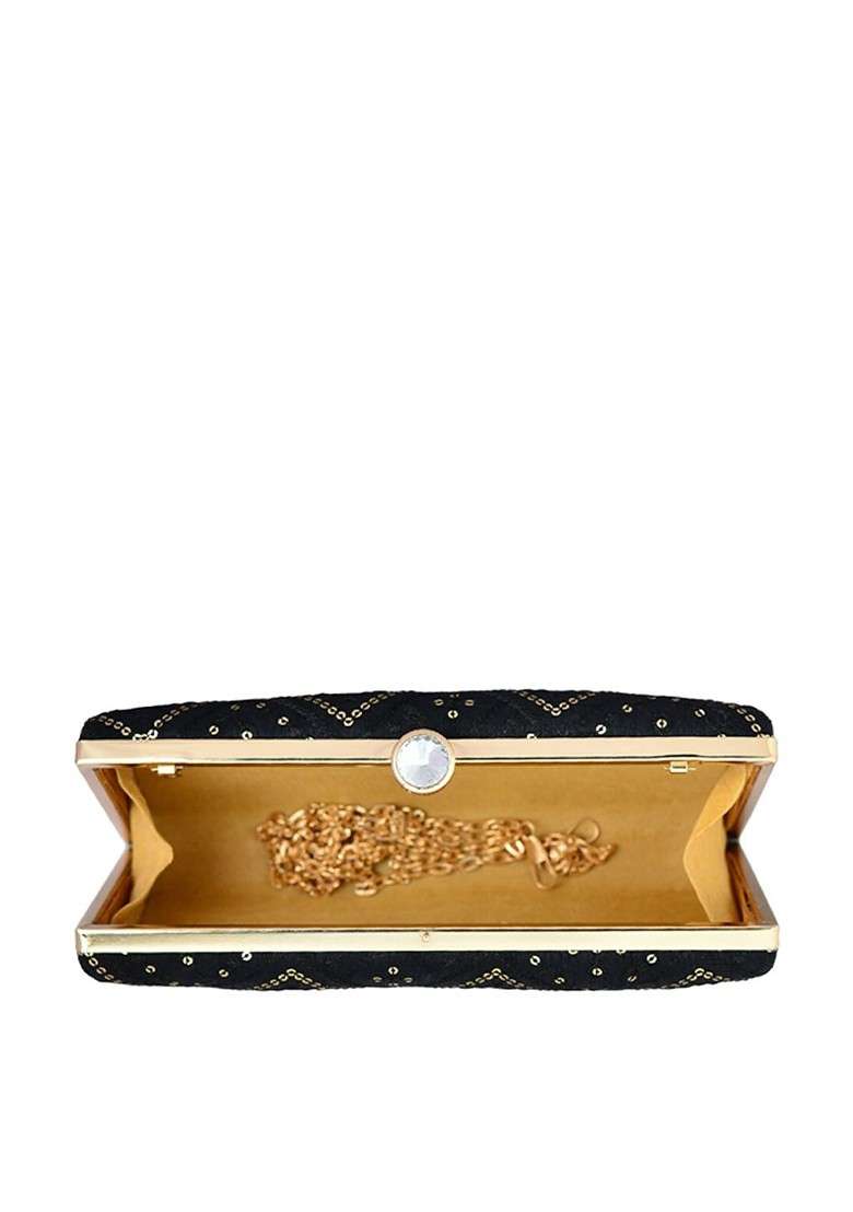 Black Satin Embroidered Box Clutch - Indya