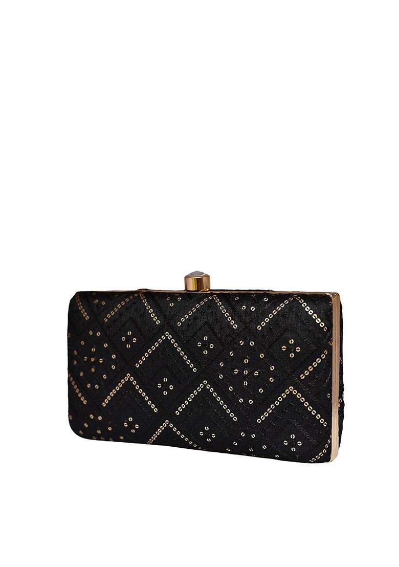 Black Satin Embroidered Box Clutch - Indya