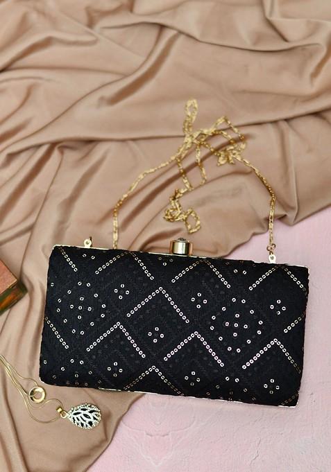 Black Satin Embroidered Box Clutch