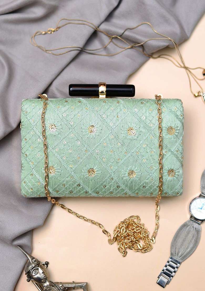 Green Satin Embroidered Sequence Box Clutch - Indya
