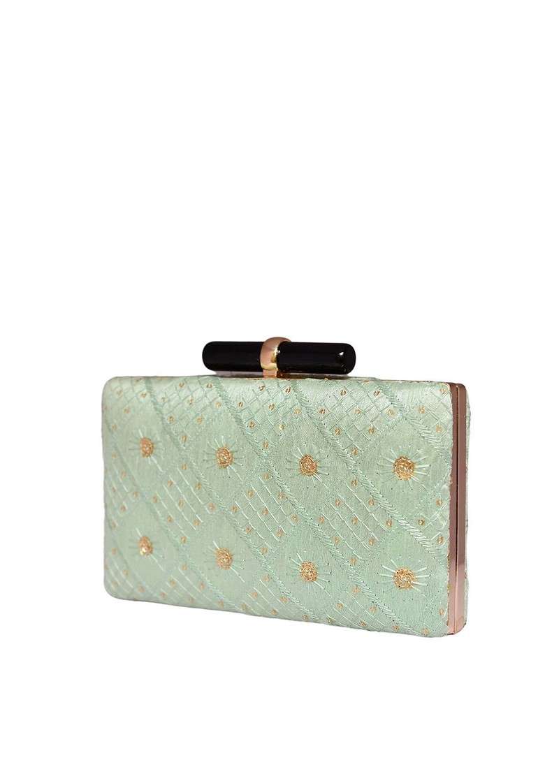 Green Satin Embroidered Sequence Box Clutch - Indya