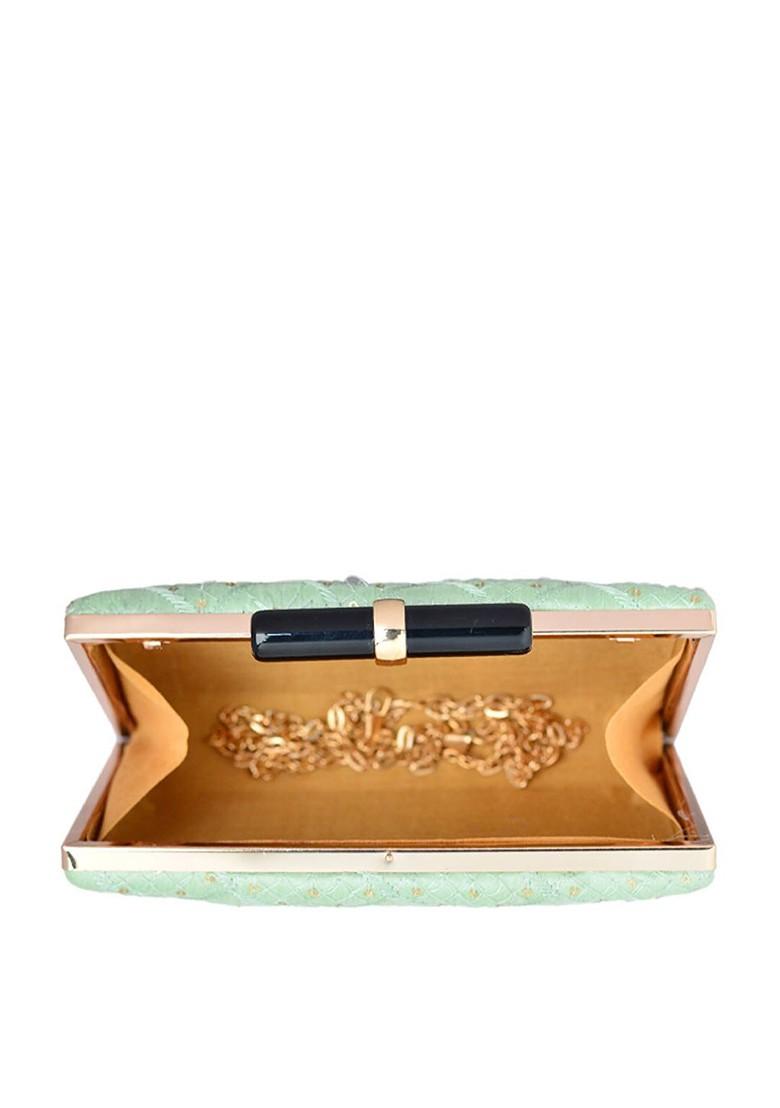 Green Satin Embroidered Sequence Box Clutch - Indya