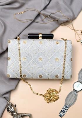 Blue Satin Embroidered Sequence Box Clutch