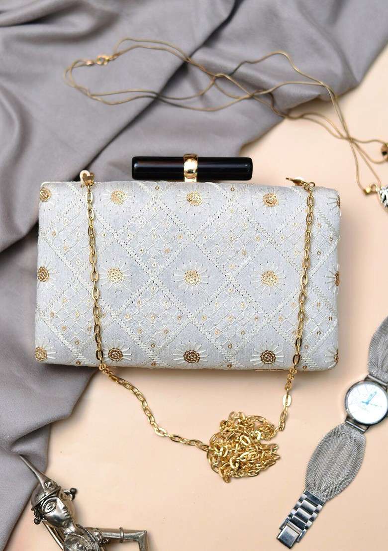 Blue Satin Embroidered Sequence Box Clutch - Indya