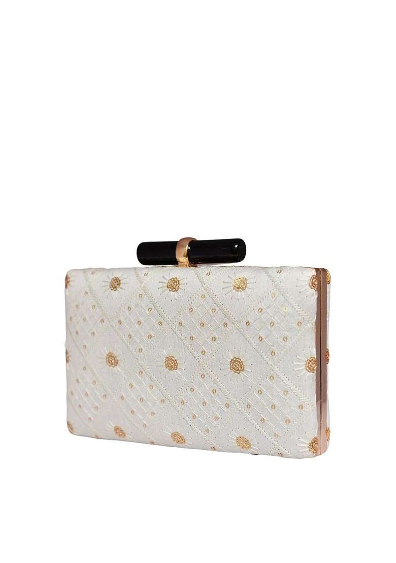 Blue Satin Embroidered Sequence Box Clutch - Indya