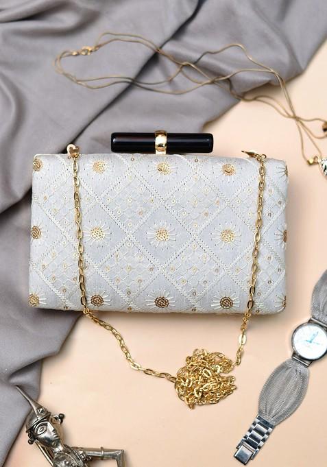 Blue Satin Embroidered Sequence Box Clutch