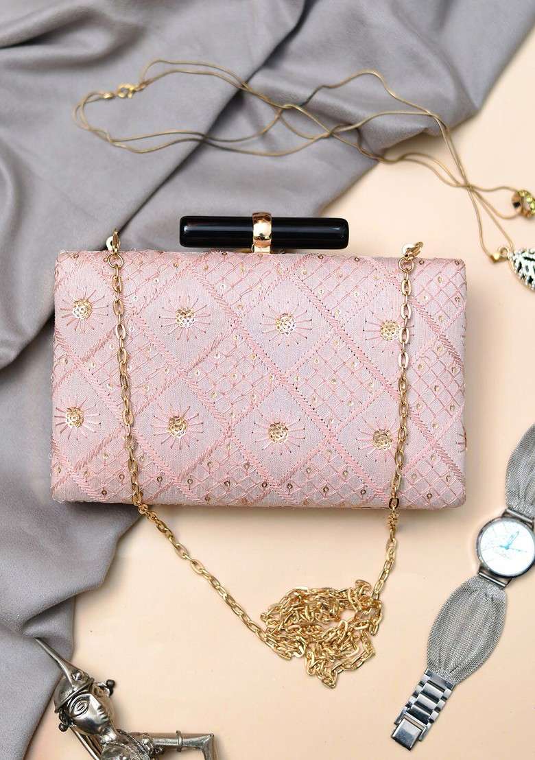 Pink Satin Embroidered Sequence Box Clutch - Indya