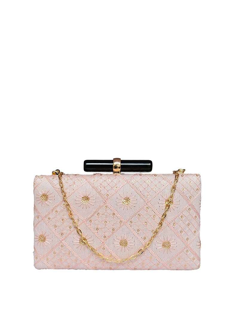 Pink Satin Embroidered Sequence Box Clutch - Indya