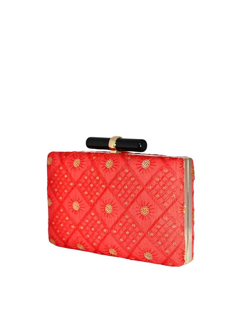 Red Satin Embroidered Sequinned Box Clutch - Indya