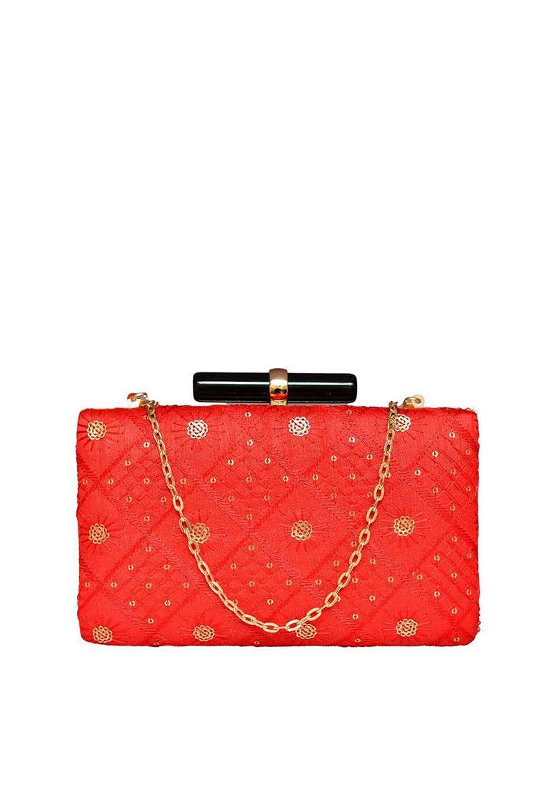 Red Satin Embroidered Sequinned Box Clutch - Indya