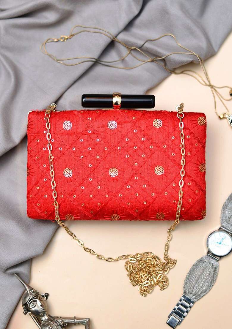 Red Satin Embroidered Sequinned Box Clutch - Indya