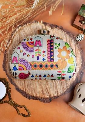 Grey Satin Embroidered Box Clutch