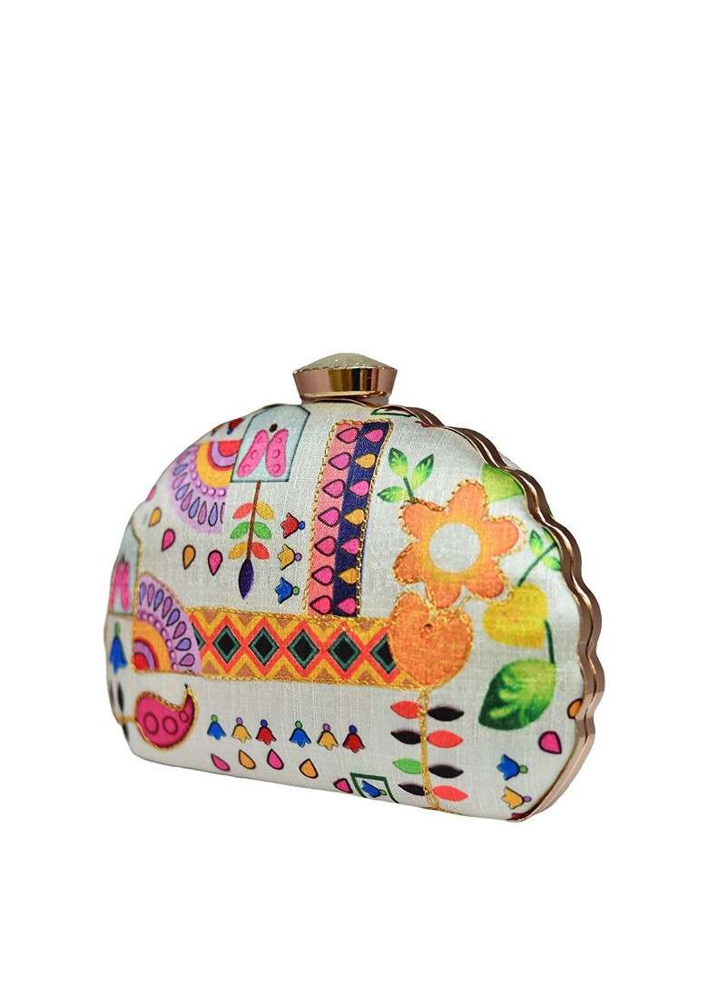 Grey Satin Embroidered Box Clutch - Indya