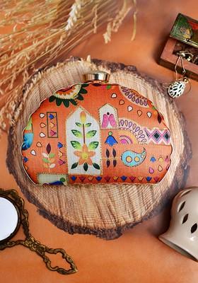 Orange Satin Embroidered Box Clutch