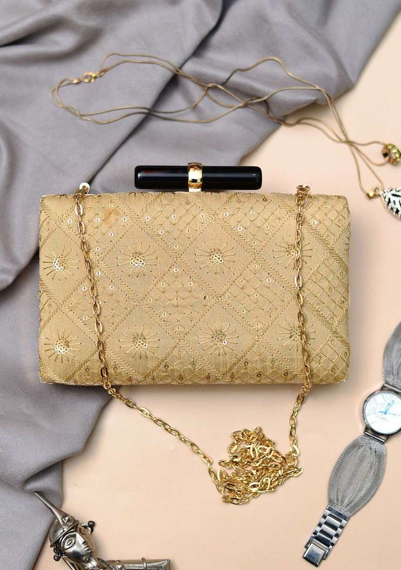 Beige Satin Embroidered Box Clutch - Indya