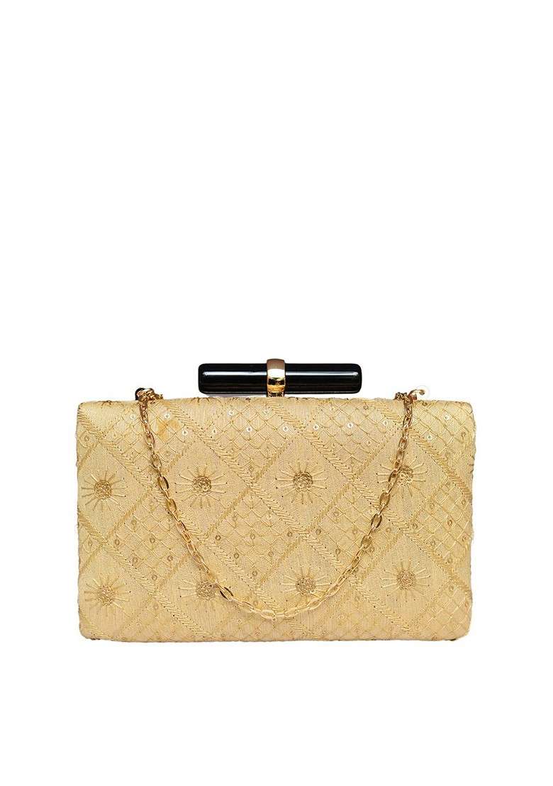 Beige Satin Embroidered Box Clutch - Indya