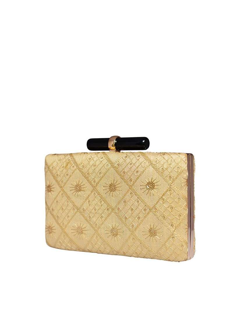 Beige Satin Embroidered Box Clutch - Indya