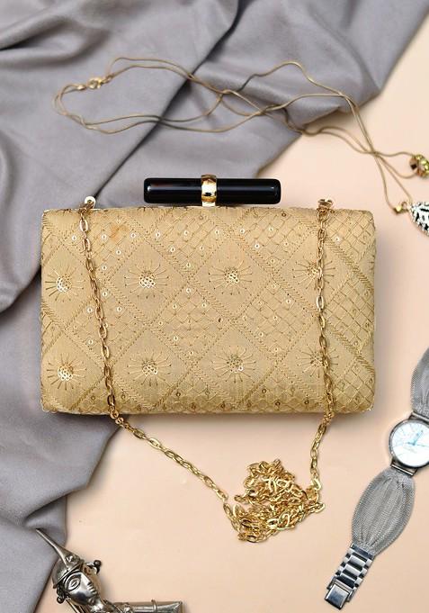 Beige Satin Embroidered Box Clutch