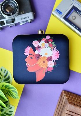 Navy Blue Fabric Printed Box Clutch