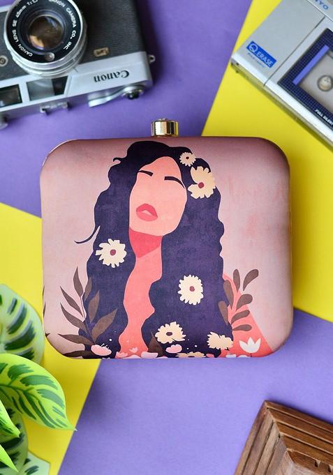 Beige Fabric Printed Buckle Detail Box Clutch