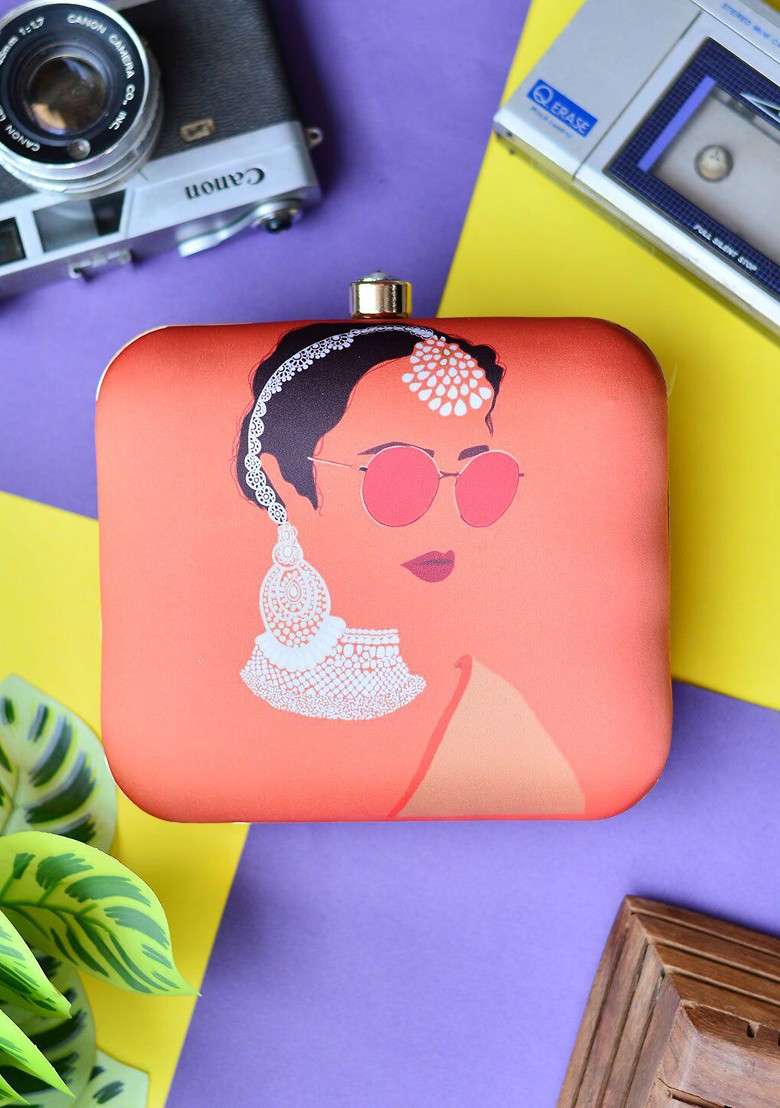 Orange Fabric Printed Box Clutch - Indya
