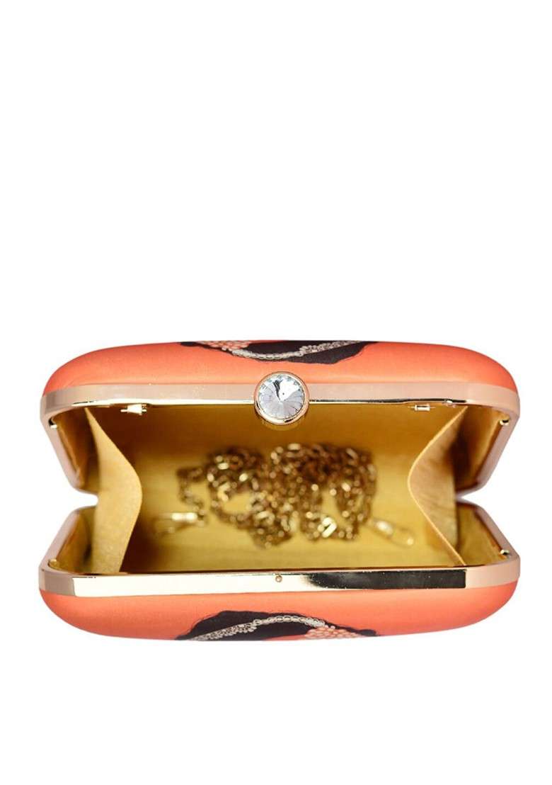 Orange Fabric Printed Box Clutch - Indya