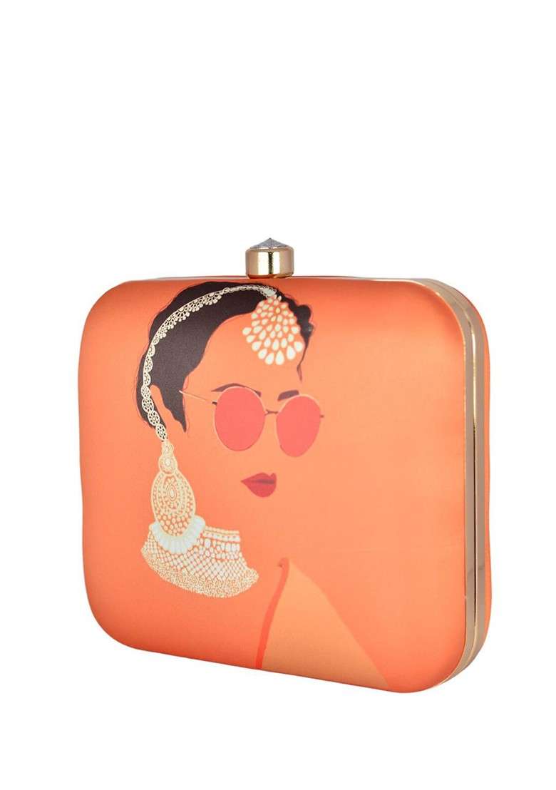 Orange Fabric Printed Box Clutch - Indya