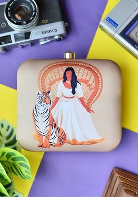 Beige Fabric Printed Box Clutch