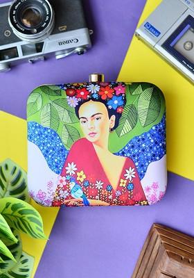 Green Fabric Printed Box Clutch