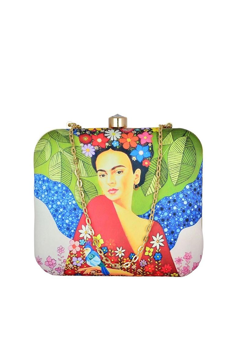 Green Fabric Printed Box Clutch - Indya