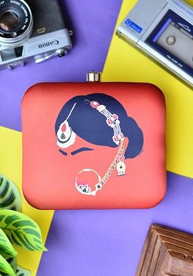 Brown Fabric Printed Box Clutch