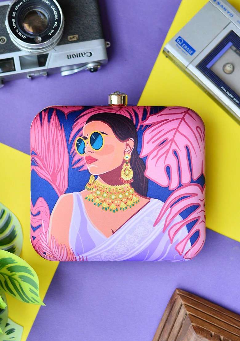 Purple Fabric Printed Fringed Box Clutch - Indya