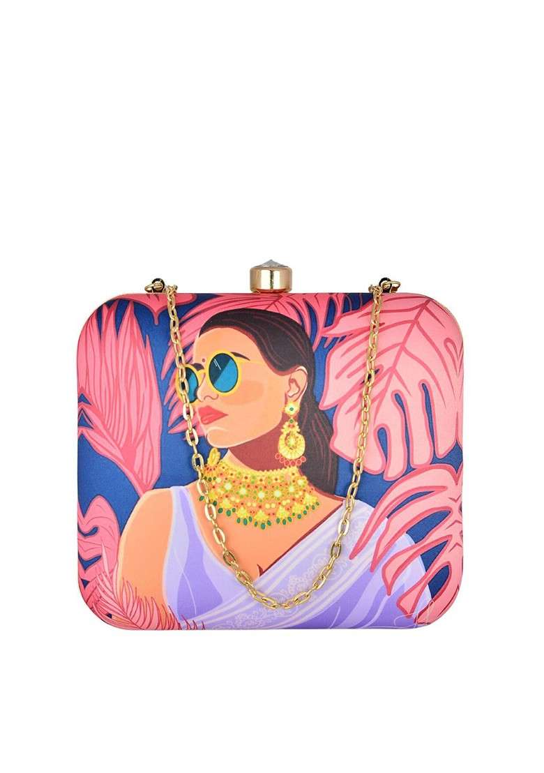 Purple Fabric Printed Fringed Box Clutch - Indya