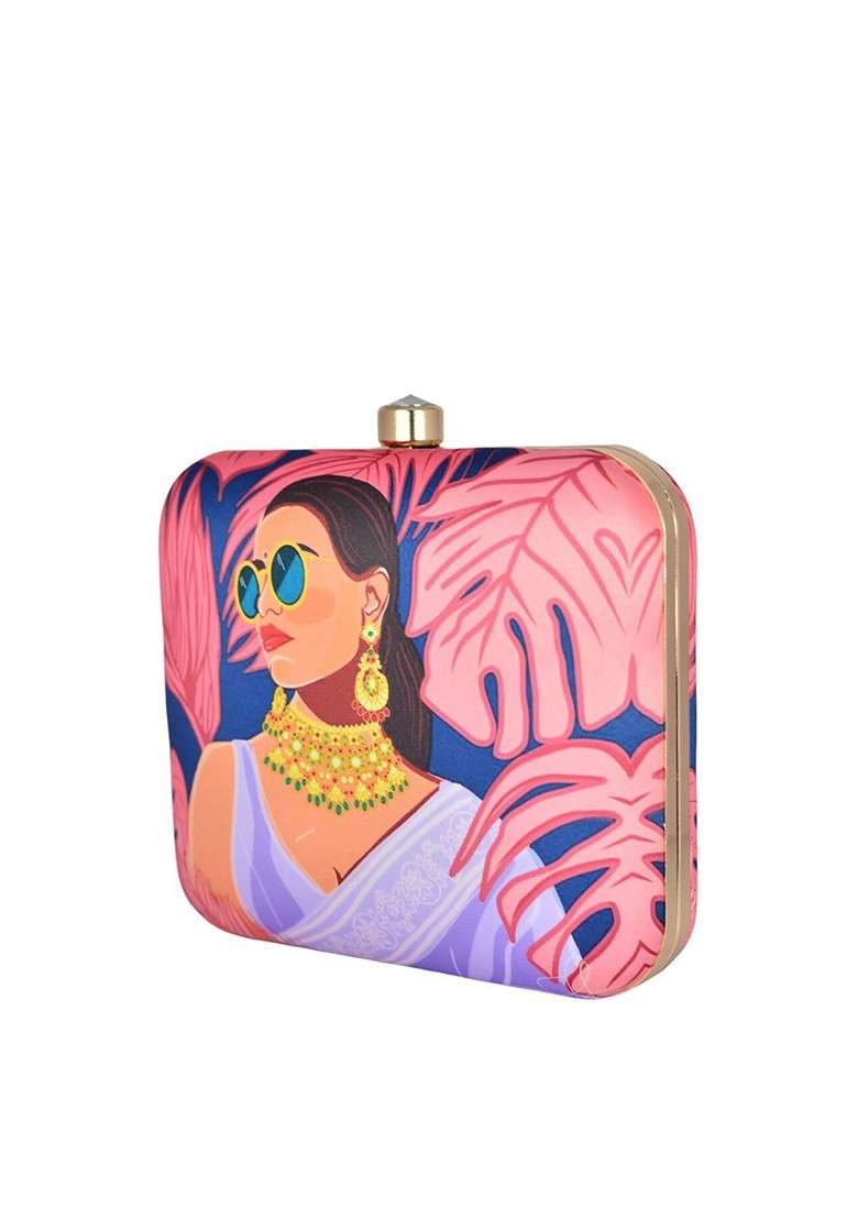 Purple Fabric Printed Fringed Box Clutch - Indya