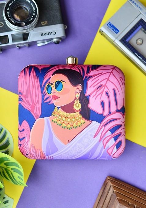 Purple Fabric Printed Fringed Box Clutch