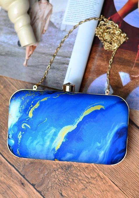 Blue Fabric Printed Box Clutch