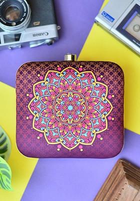 Maroon Fabric Printed Box Clutch