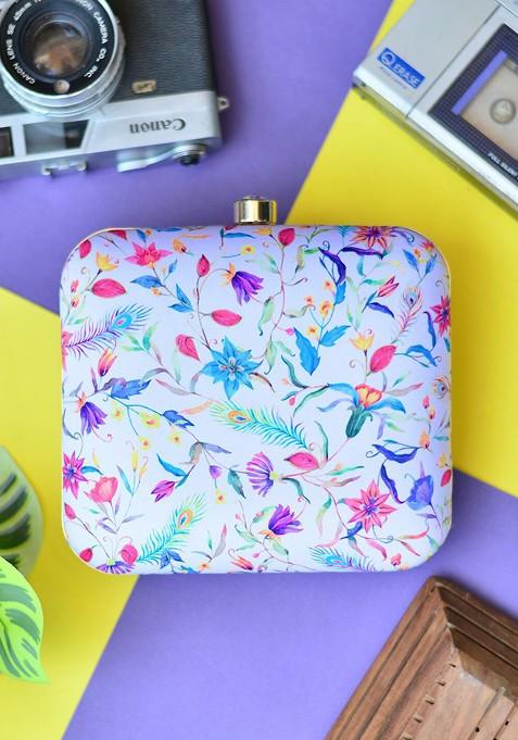 White Fabric Printed Box Clutch