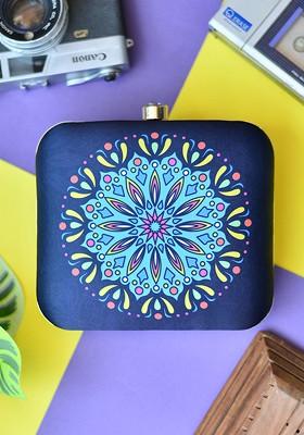 Navy Blue Fabric Printed Box Clutch