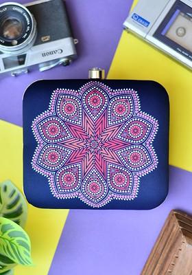 Navy Blue Fabric Floral Printed Box Clutch