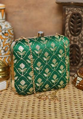 Green Satin Embellished Box Clutch
