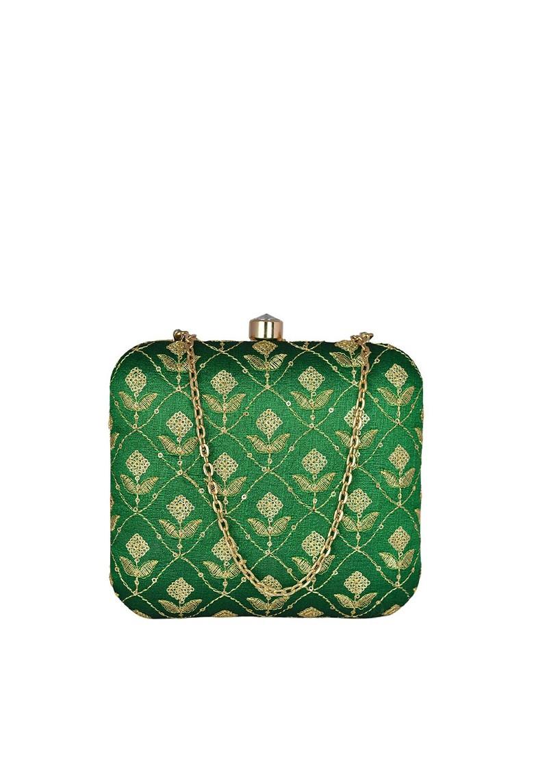Green Satin Embellished Box Clutch - Indya