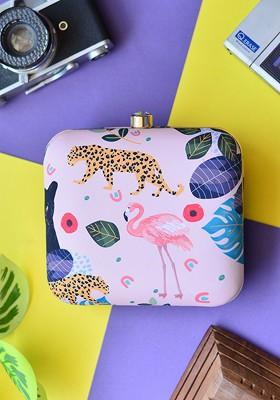 Pink Fabric Printed Box Clutch