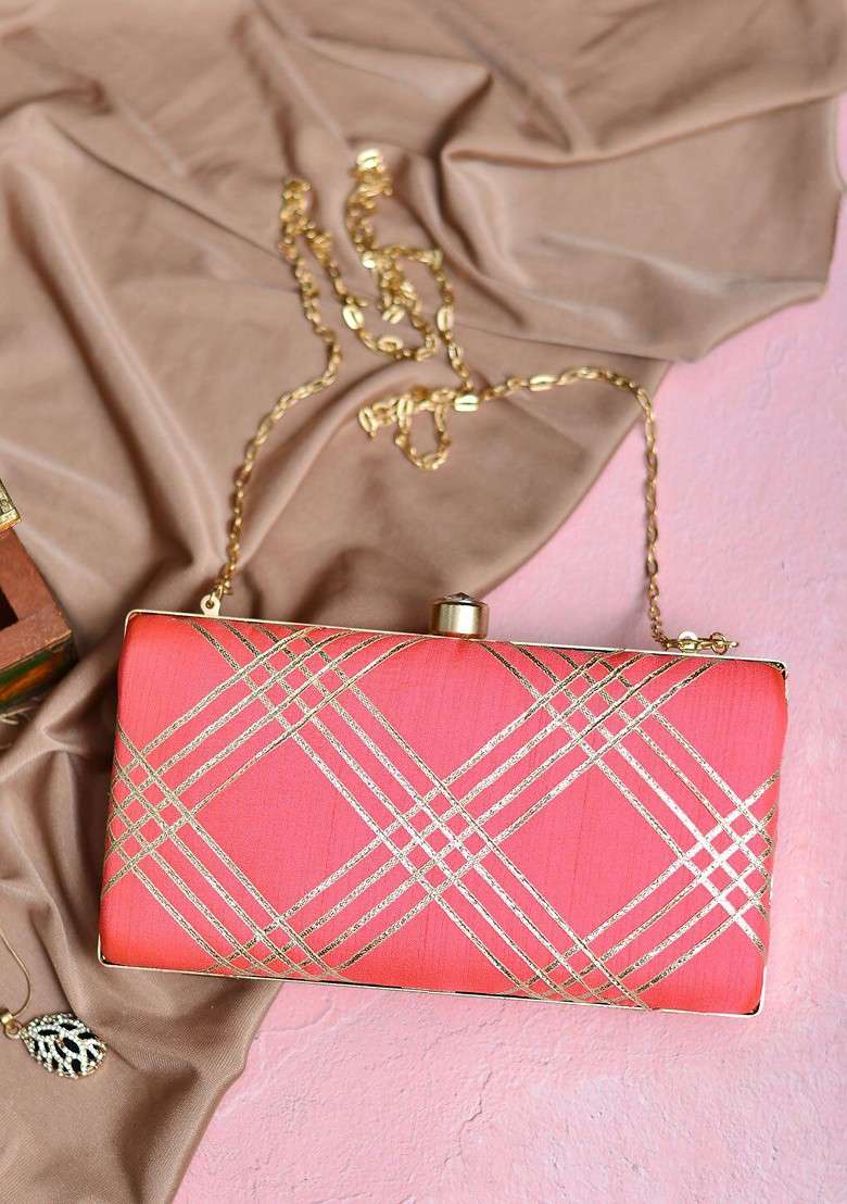 Coral Satin Embroidered Box Clutch - Indya