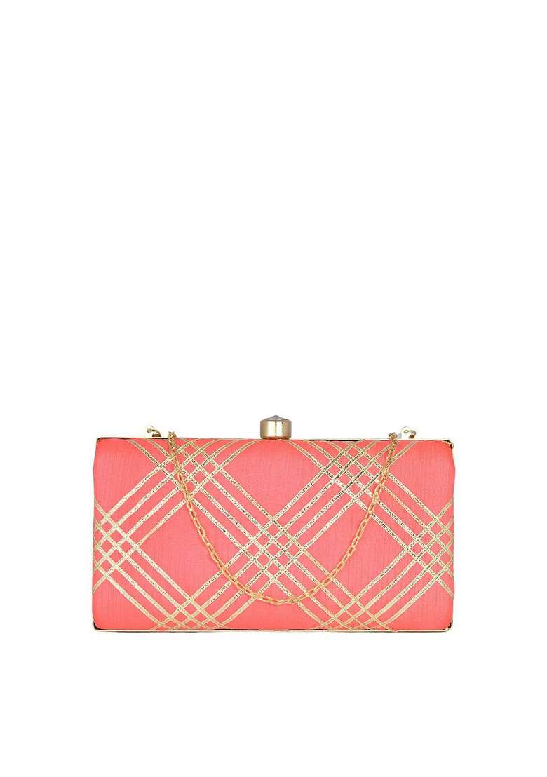 Coral Satin Embroidered Box Clutch - Indya