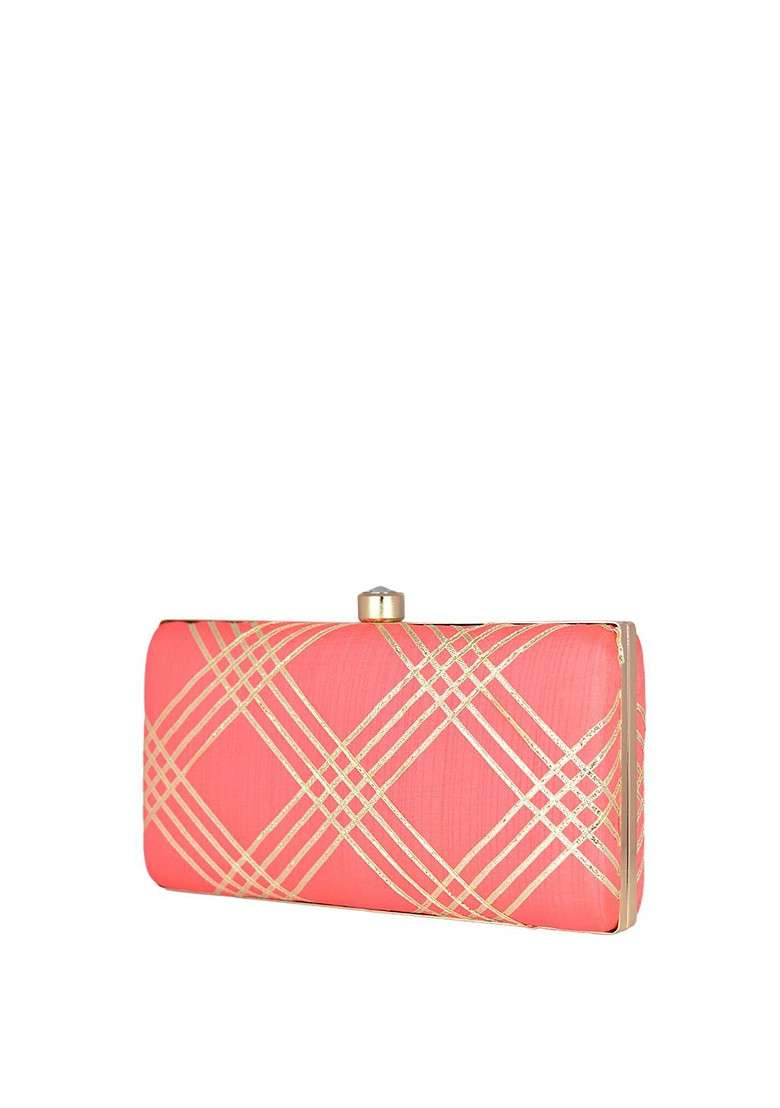 Coral Satin Embroidered Box Clutch - Indya